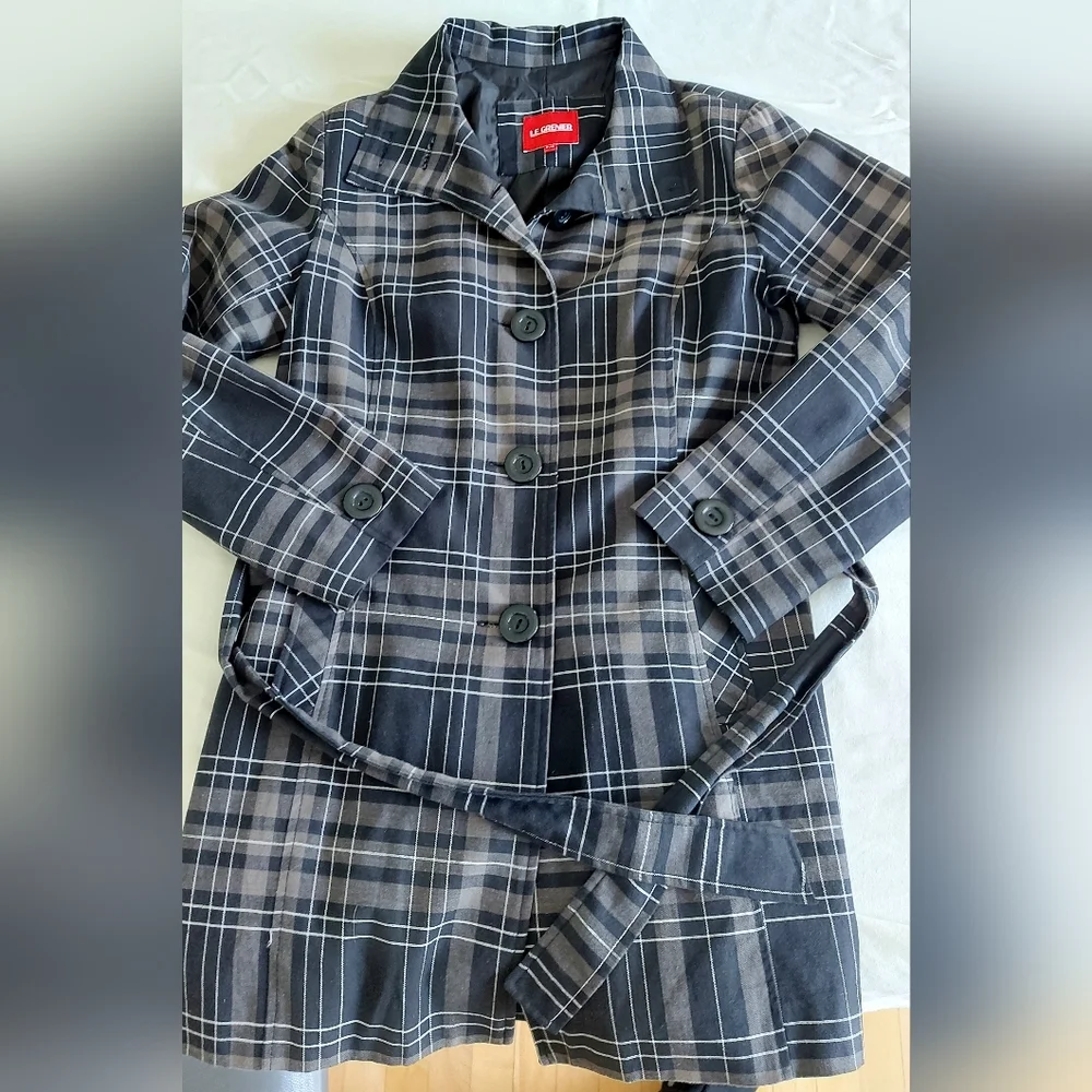 Woman's Black & Gray Plaid Trench Coat with Belt - Picture 1 of 11
